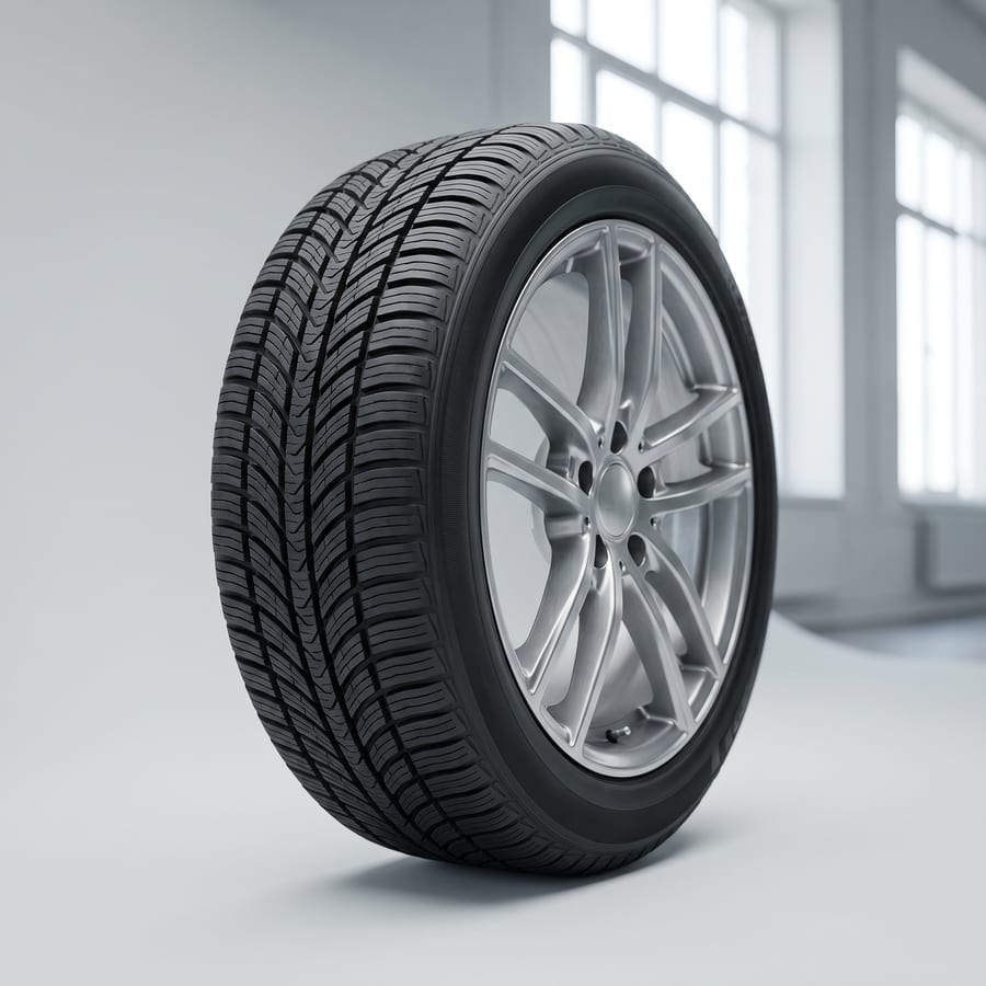 Anvelope auto noi și o jantă de aliaj într-un service de anvelope
