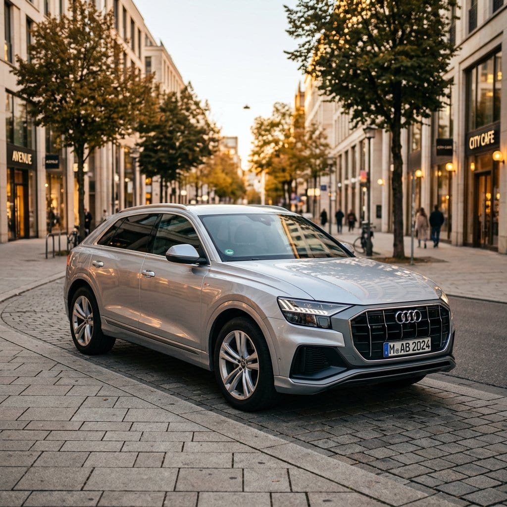 Un SUV argintiu parcat pe o stradă din oraș, pregătit pentru vânzare
